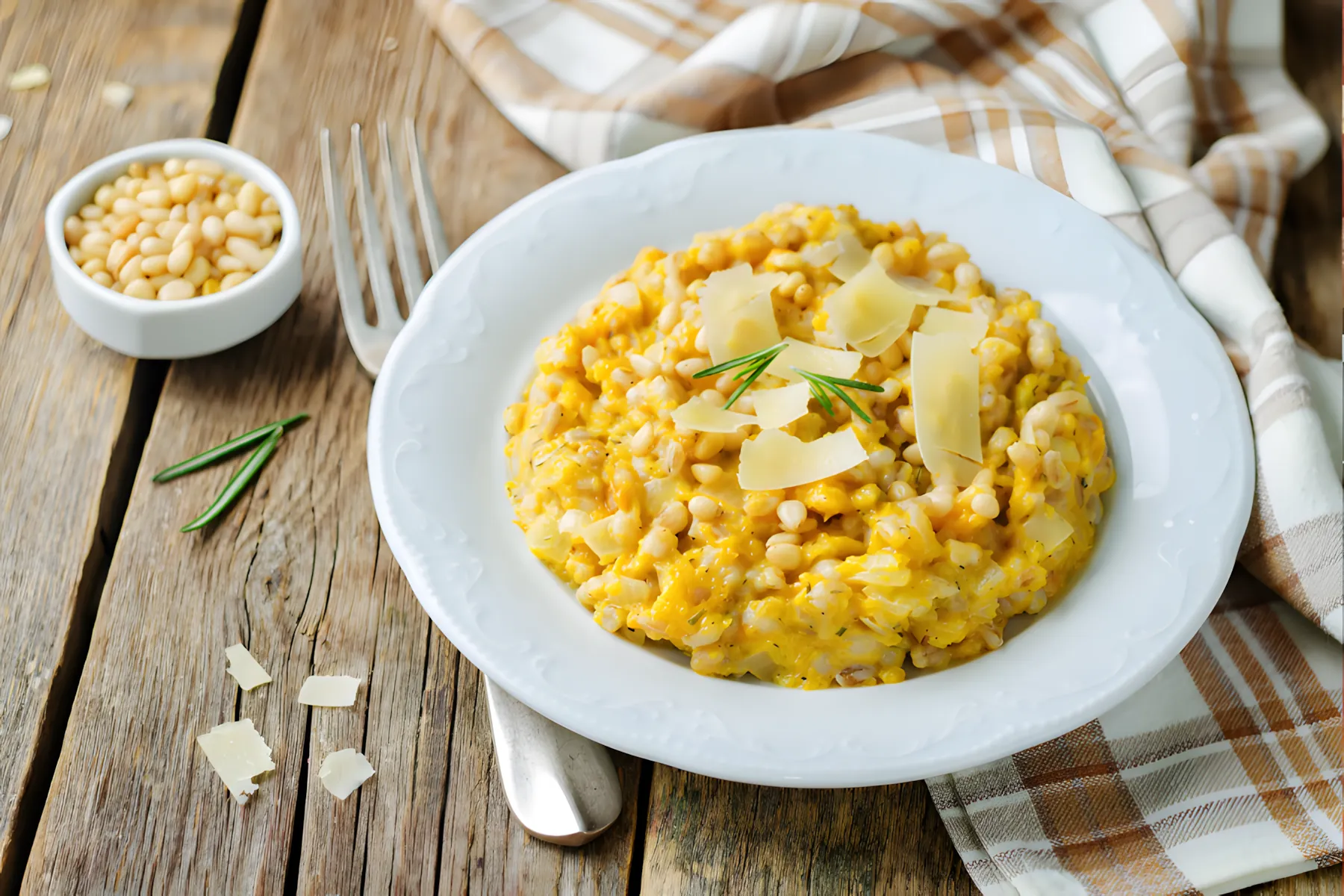 Prendete la zucca moscata e il riso integrale e preparate un risotto molto gustoso con le noci. Alla fine non dimenticate di aggiungere il formaggio.