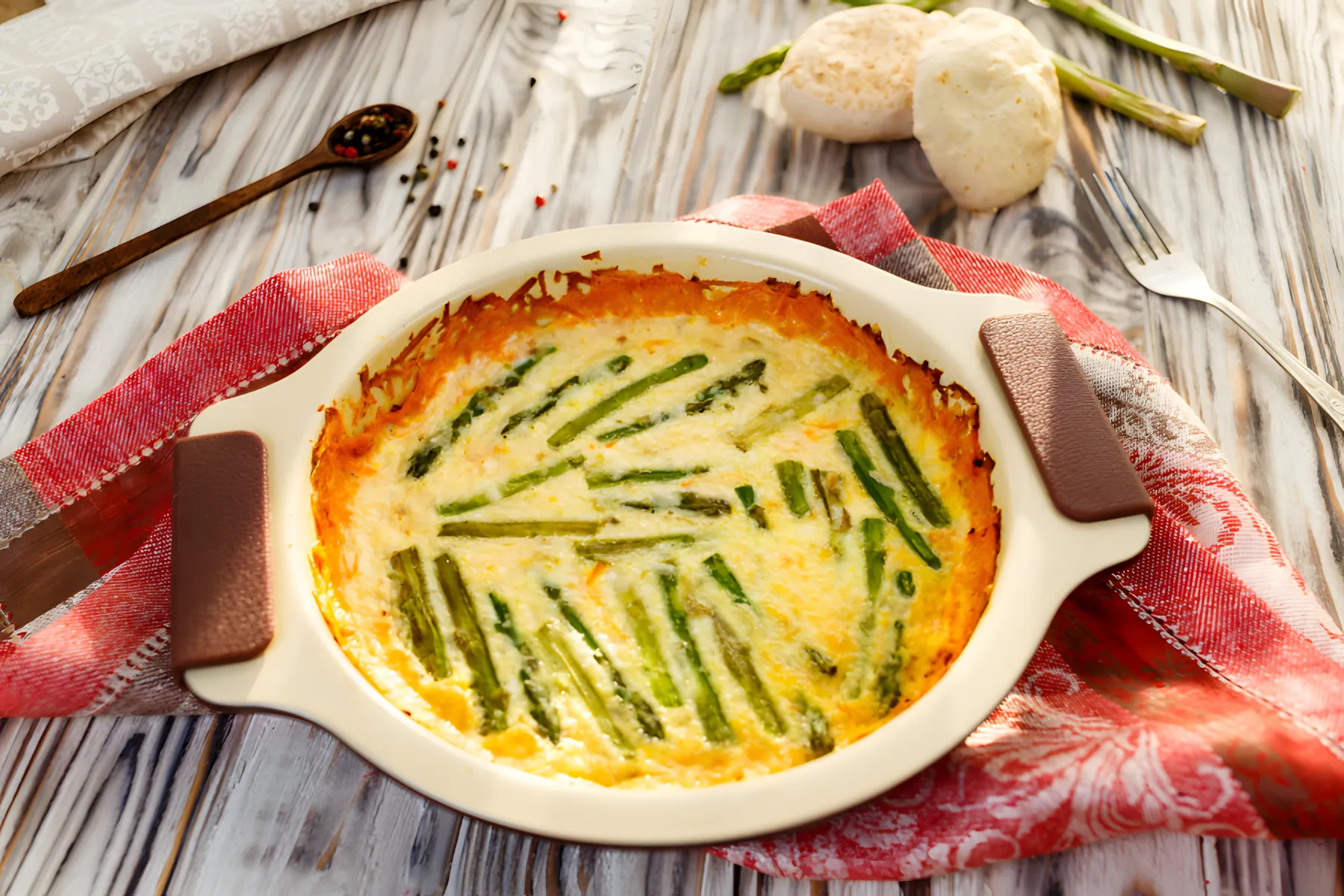 Una colazione sostanziosa e gustosa per le donne attive: casseruola con asparagi, uova ed erbe. 45 minuti e pronto!